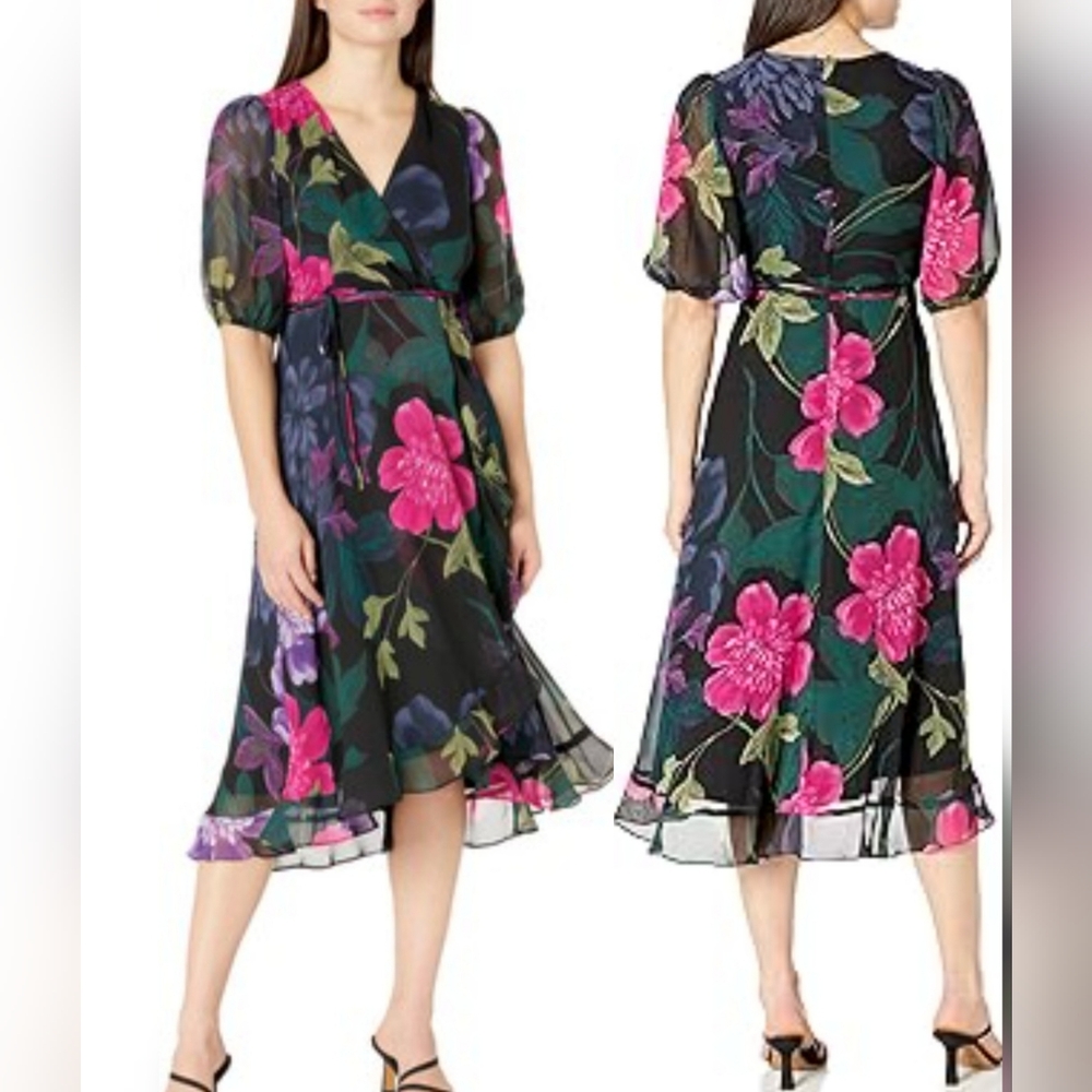 Maison Tara Wrap Floral Sheer Ruffled Puff Sleeves Belted Zip Midi Dress